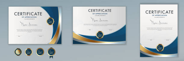 Template Certificate Diploma achievement scroll elegant luxury editable blue and gold.Abstract guilloche watermark background.Printing. Graduation - award - honor - Gift certificate Vector and editable template set of Gift certificates or diplomas for appreciation, recognition, graduation or honor. Company award. voucher stock illustrations