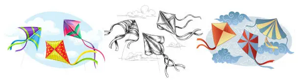 Vector illustration of Flying kites set
