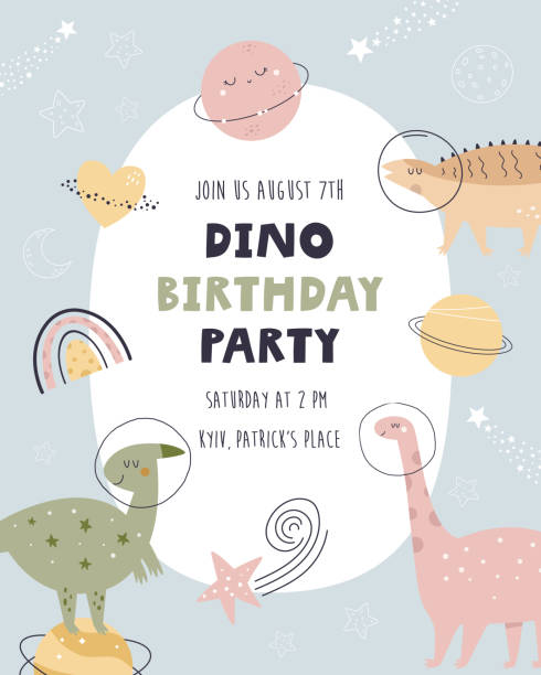 Birthday invitation template with cute cosmic dinosaurs Birthday invitation template with cute cosmic dinosaurs. Bright design for celebrations, kids parties, Baby shower dinosaur birthday stock illustrations