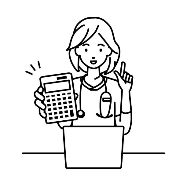 Vector illustration of a nurse woman recommending, proposing, showing estimates and pointing a calculator with a smile in front of laptop pc