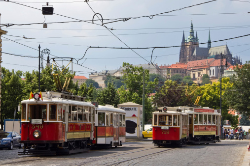 View of the Prague castle and a old trams, Prague, Czech Republic