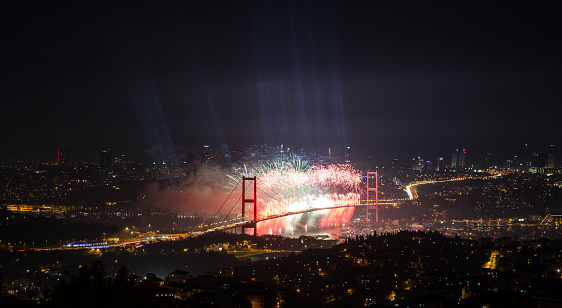 Fireworks over Bosphorus Strait during Turkish Republic day celebrations