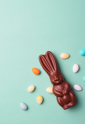 Chocolate Bunny on Bright Background, Sweet Easter Treat, Holiday Concept