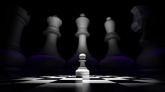 3D Illustration of a White pawn Surrounded by Intimidating Circle Pieces on Semi-Reflective Chess Board With Black Background