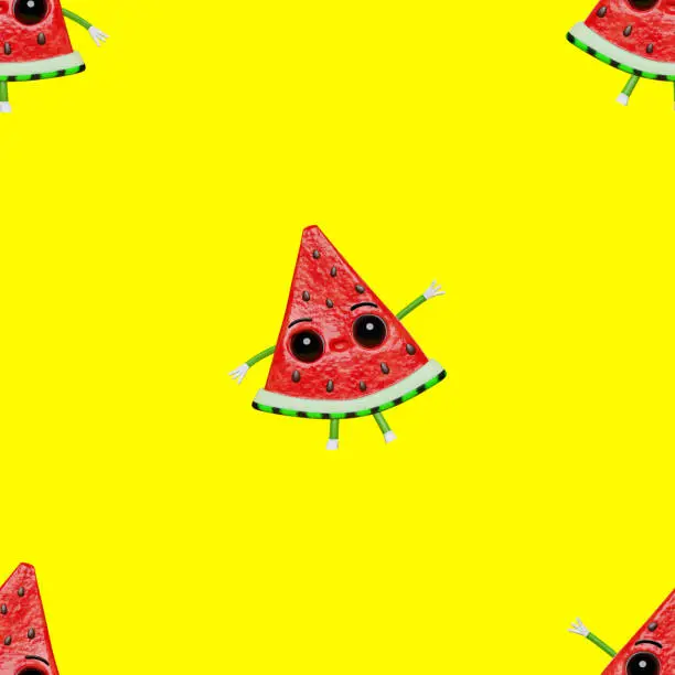 Watermelon slice creative 3D character seamless pattern fabric printing design. Summer vacation Funny fresh juicy fruits with eyes hands legs Contemporary style trendy vibrant colors Kids illustration
