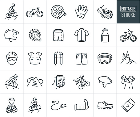 A set of mountain biking icons that include editable strokes or outlines using the EPS vector file. The icons include a mountain biker standing on bike while climbing mountain, mountain bike, mountain bike tire and wheel with pump, mountain bike gloves, mountain bike shoes, helmet, sprocket, biking shorts, jersey, water bottle, ebike, electric bike, mountain biker with helmet, chest protector for mountain biking, mountain bike suspension forks, shorts, goggles, mountain trail, mountain biker going downhill, downhill mountain biker, gps trail on smartphone, freestyle mountain biking, bike helmet, energy bar and other related icons.