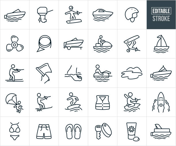 ilustraciones, imágenes clip art, dibujos animados e iconos de stock de iconos de líneas finas de barcos y botes - trazo editable - wakeboarding motorboating extreme sports waterskiing