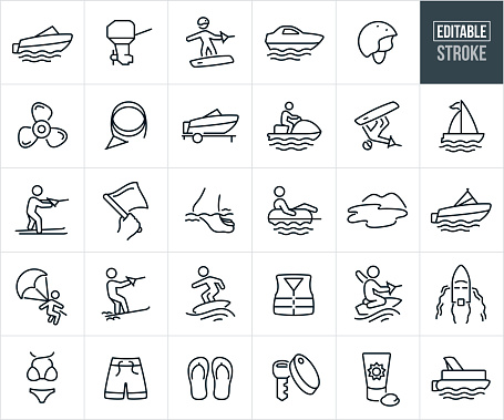 A set boats and boating icons that include editable strokes or outlines using the EPS vector file. The icons include a motor boat in the water, boat engine, wakeboarder wake boarding, yacht in the water, helmet, boat propeller, boat prop, ski rope, motor boat on trailer, person riding a personal water craft, athlete doing freestyle trick, sailboat, person water skiing, hand holding up a flag, foot in the water, person on tube being pulled behind boat, lake, ski boat, person parasailing, person slalom skiing, person wake surfing, lifejacket, kneeboarder, kneeboarding, view from above of a motor boat driving through the water, bikini, board shorts, flip flops, boat key, sunscreen and a pontoon boat.