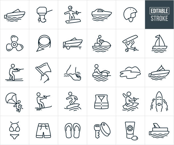 Boats and Boating Thin Line Icons - Editable Stroke A set boats and boating icons that include editable strokes or outlines using the EPS vector file. The icons include a motor boat in the water, boat engine, wakeboarder wake boarding, yacht in the water, helmet, boat propeller, boat prop, ski rope, motor boat on trailer, person riding a personal water craft, athlete doing freestyle trick, sailboat, person water skiing, hand holding up a flag, foot in the water, person on tube being pulled behind boat, lake, ski boat, person parasailing, person slalom skiing, person wake surfing, lifejacket, kneeboarder, kneeboarding, view from above of a motor boat driving through the water, bikini, board shorts, flip flops, boat key, sunscreen and a pontoon boat. pontoon boat stock illustrations
