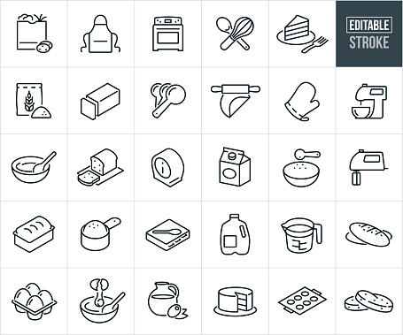 A set of baking icons that include editable strokes or outlines using the EPS vector file. The icons include a bag of food ingredients, apron, oven, wire whisk and wooden spoon, slice of baked cake, bag of wheat, stick of butter, measuring spoons, rolling pin rolling out dough, oven mitt, stand mixer, mixing bowl with ingredients and wooden spoon, slice from loaf of bread, baking timer, carton of cream, hand mixer, loaf of bread in bread tray, measuring cup full of flower, cookbook, milk, glass measuring cup, french bread, eggs, olive oil and baked cookies.