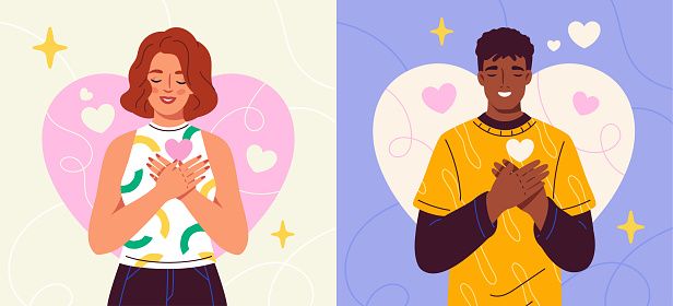 Happy man and woman set. Smiling characters in love with heart gesture on their chest. Portraits of young loving couple. Relationships, people and feelings concept. Cartoon flat vector illustration