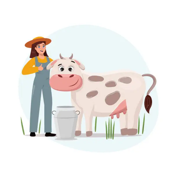 Vector illustration of Farm lady standing next to the cute cow. Flat cartoon illustration.