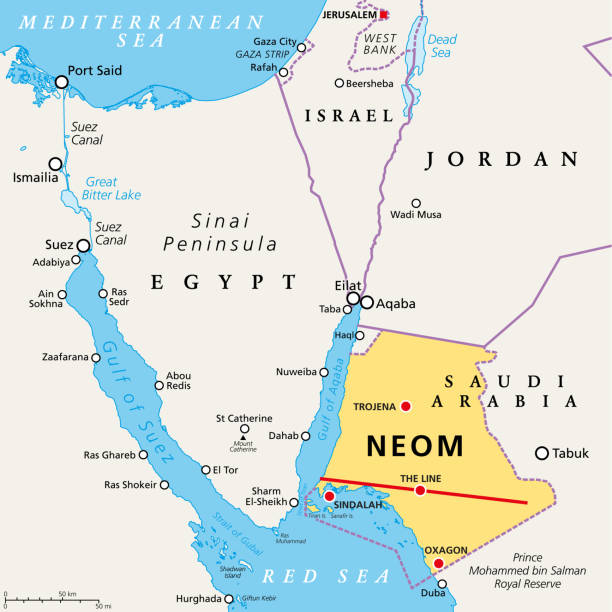 NEOM and the Sinai Peninsula, planned smart city in Saudi Arabia, political map NEOM and the Sinai Peninsula, political map. Neom, a planned smart city in Tabuk Province in northwestern Saudi Arabia, north the Red Sea, east of Egypt, across the Gulf of Aqaba, and south of Jordan. israel egypt border stock illustrations