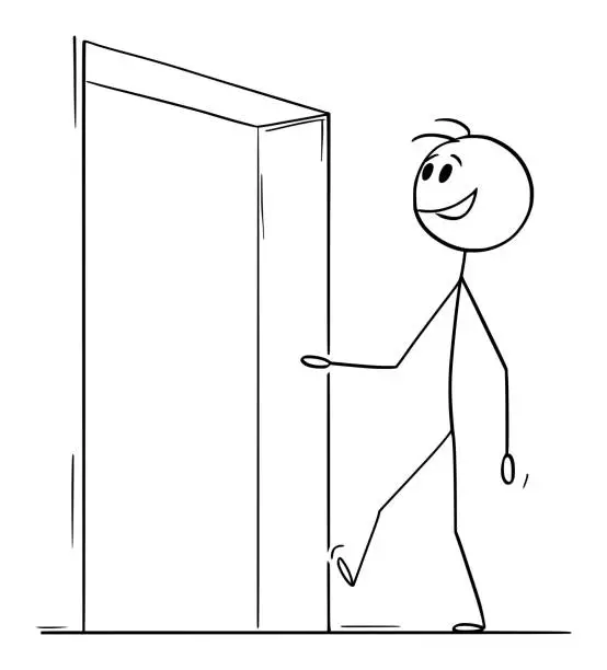 Vector illustration of Happy Smiling Person Entering or Leaving Building, Vector Cartoon Stick Figure Illustration