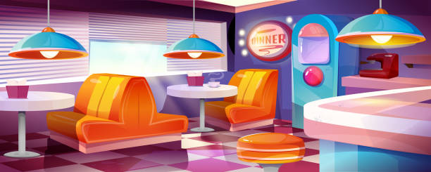 American retro cafe American retro cafe. Colorful snack bar interior with tables, armchairs, bar counter and chess floor. Panoramic view of eatery. Empty restaurant with vintage decor. Cartoon flat vector illustration indoors bar restaurant sofa stock illustrations