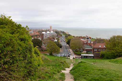 Eastbourne, England - May 02, 2023:Eastbourne city aerial view from Beachy Head path.