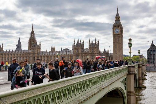 London, UK - 6 June 2023: daytime view of Westminster Bridge, Houses of Parliament and Big Ben.