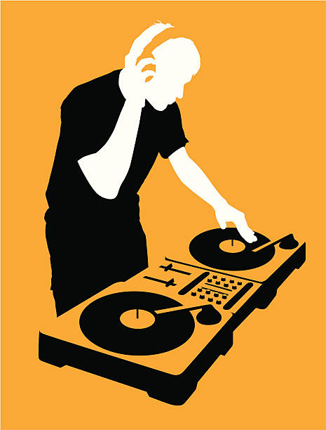 DJ at Turntable DJ wearing headphones and scratching a record on the turntable. dj stock illustrations