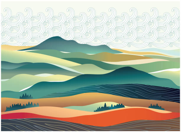 Decorative, stylized mountainous landscape vector art illustration