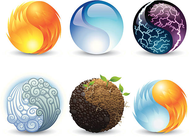 Elemental Harmonies A set of harmony symbols representing earth, fire, wind, water, electricity, and fire/ice. the four elements stock illustrations