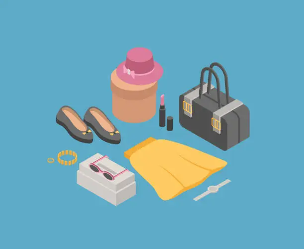 Vector illustration of Women's Clothing and Accessories Isometric Vector