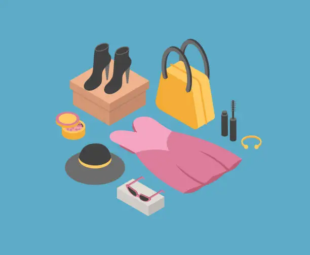Vector illustration of Women's Clothing and Accessories Isometric Vector
