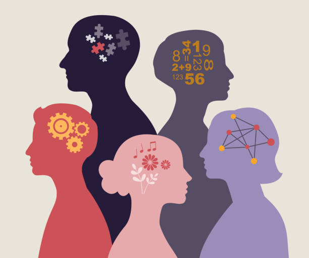 ilustrasi neurodiversity. orang dengan pola pikir atau fitur psikologis yang berbeda. - tokoh konsep ilustrasi stok