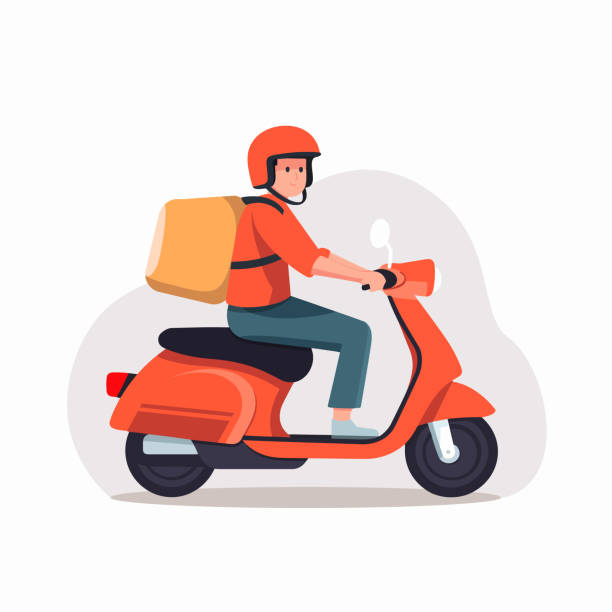 Delivery man on scooter. Scooter delivery. Delivery man on scooter. Scooter delivery. Delivery concept. Vector stock restaurant labor union stock illustrations