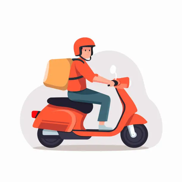 Vector illustration of Delivery man on scooter. Scooter delivery.