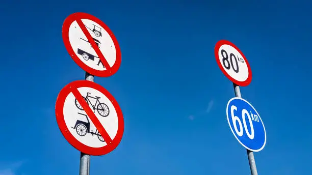 Low Angle View of Road Signs of Prohibition and Speed-Limit for Safety Driving. Safely-Driving Knowledge Concept