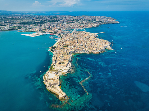 Aerial View Crocodile Shaped Ortygia Island and Syracuse City Siracusa Sicily Italy