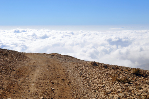 A rough dirt road high above cloud level near Bcharre, Lebanon