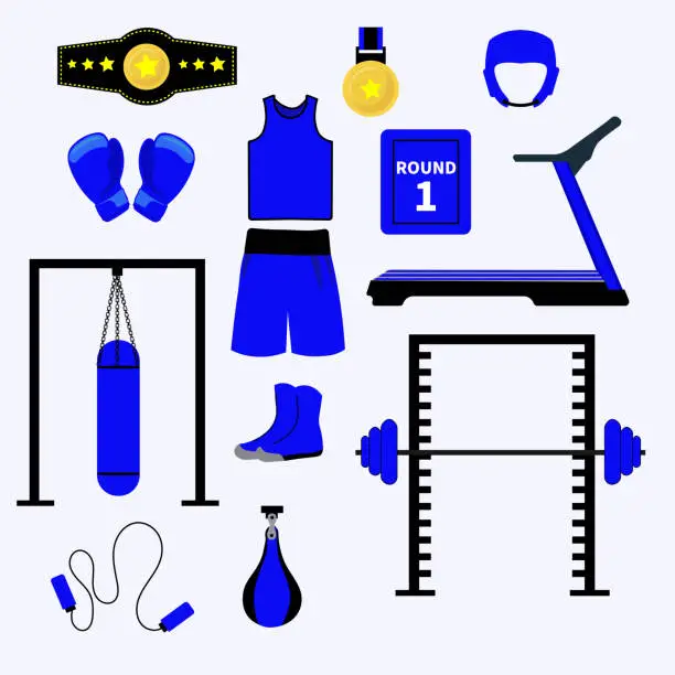 Vector illustration of Boxing Gear. Belt, Sandbags, boxing gloves, Helmet. Isolated Flat Cartoon Drawing