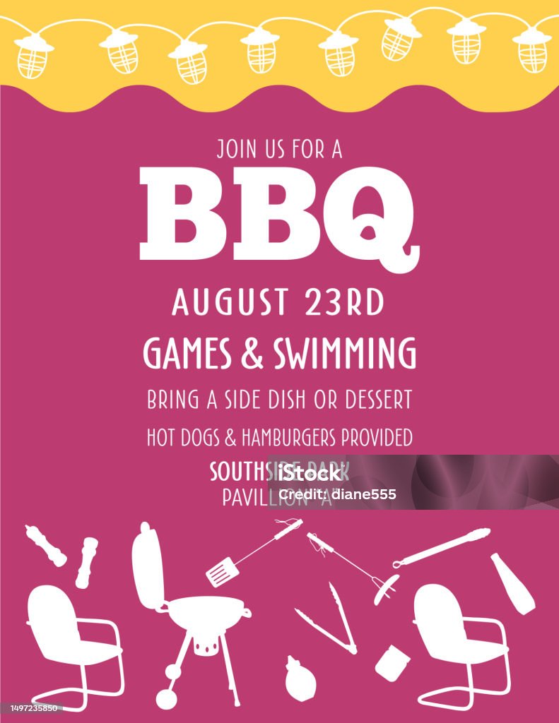 Fun Bbq Invitation Template With Lots Of Grilling Elements Stock