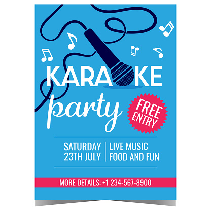 Karaoke music party poster or invitation flyer with microphone and musical notes on blue background. Vector illustration for live music disco dance event, vocal contest in karaoke bar or night club.