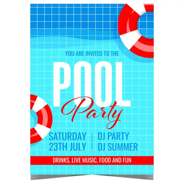 Vector illustration of Pool party vector template with inflatable red-white swim rings on pool tile background.