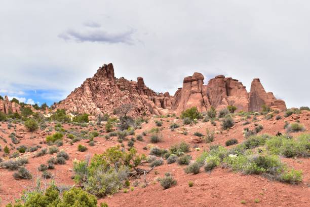 istock Arches National Park Utah Red Rocks Blue Sky with Puffy Clouds 1497239942