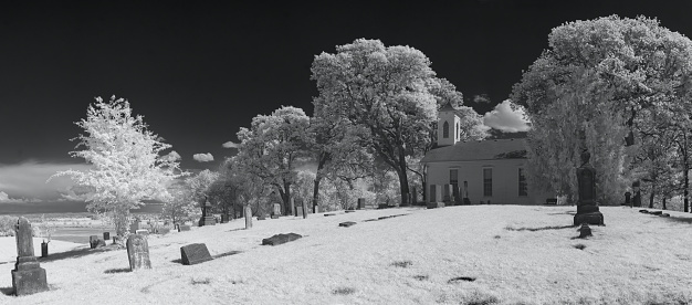 Infrared, panoramic view of Zena Church and cemetery in Polk County, Oregon