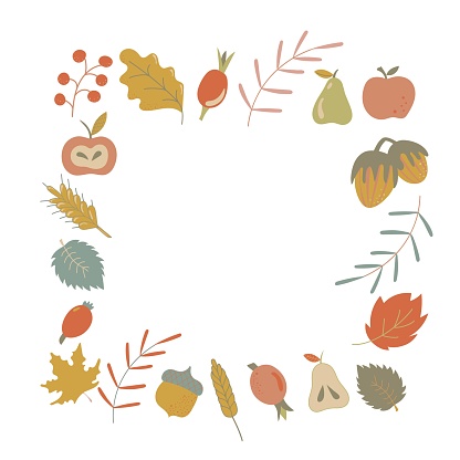 Autumn frame. Leaves, acorns, twigs nuts fruits autumn frame Vector