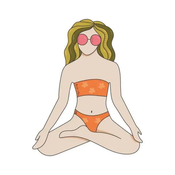 Vector illustration of Girl in a bathing suit in the lotus position. Yoga. Beach. Rest. Vector illustration