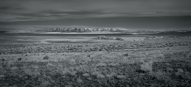 infrared image of a remote high desert ranch backed by the Sheepshead Mountains in eastern Oregon