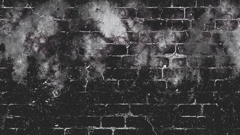 Grunge Dark Creepy Monochrome Brick Wall with Engraved Spots Lines and Scratchy Grunge Texture