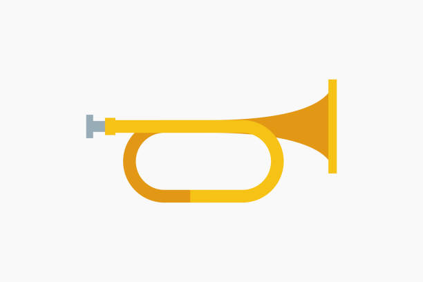 illustrations, cliparts, dessins animés et icônes de trompette de dessin animé couleur jaune isolée sur blanc - trumpet bugle cornet cartoon