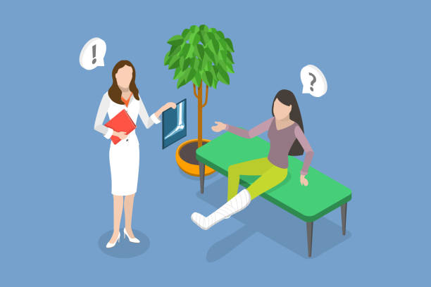 3D Isometric Flat Vector Conceptual Illustration of Broken Leg 3D Isometric Flat Vector Conceptual Illustration of Broken Leg, Rehabilitation and Treatment woman feet bed stock illustrations