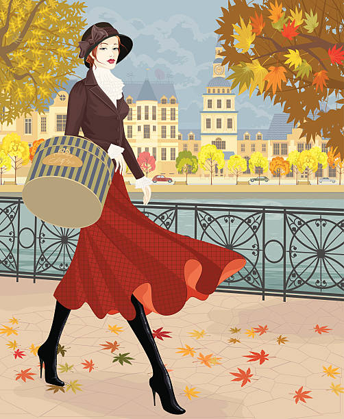 stockillustraties, clipart, cartoons en iconen met illustration of a chic girl in a red skirt in autumn - herfst vrouw