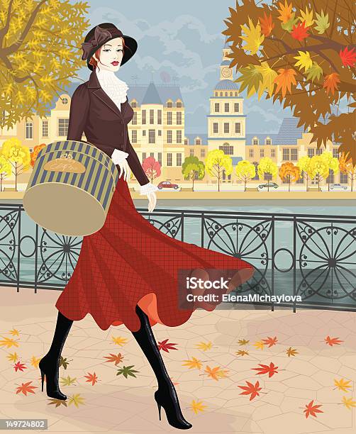 Menina De Saia Vermelha - Arte vetorial de stock e mais imagens de Mulheres - Mulheres, Outono, Só Uma Mulher