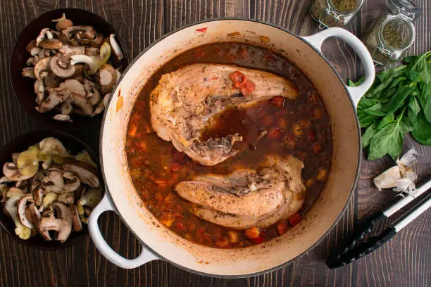 Seared chicken breasts placed skin side down in a Dutch oven surrounded by ingredients