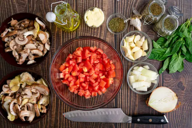 Diced tomatoes with wild mushrooms, basil, garlic, and other ingredients