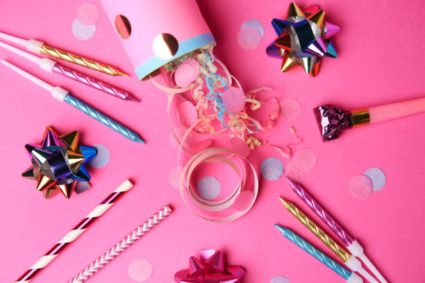 istock Party cracker and different festive items on bright pink background, flat lay 1497251762