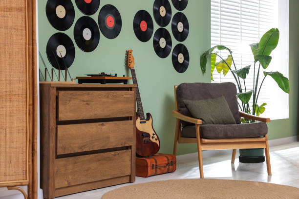 Living room interior decorated with vinyl records